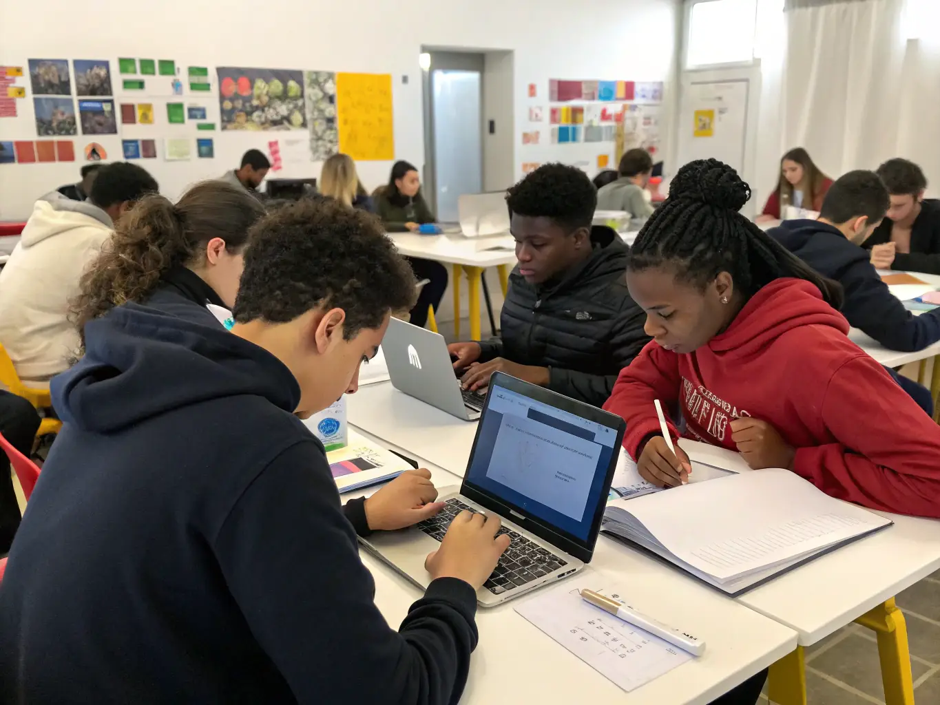 A workshop setting with participants learning a new skill, such as coding or creative writing, guided by an instructor.