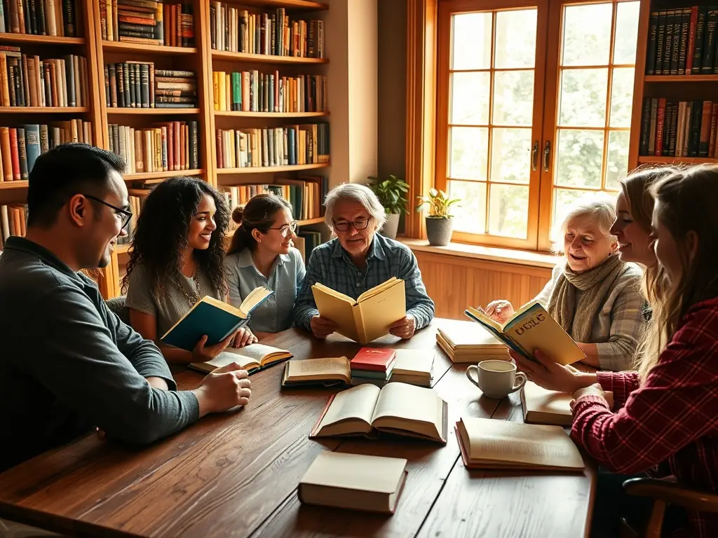 A diverse group of adults participating in a book club discussion, seated around a table with books and refreshments.