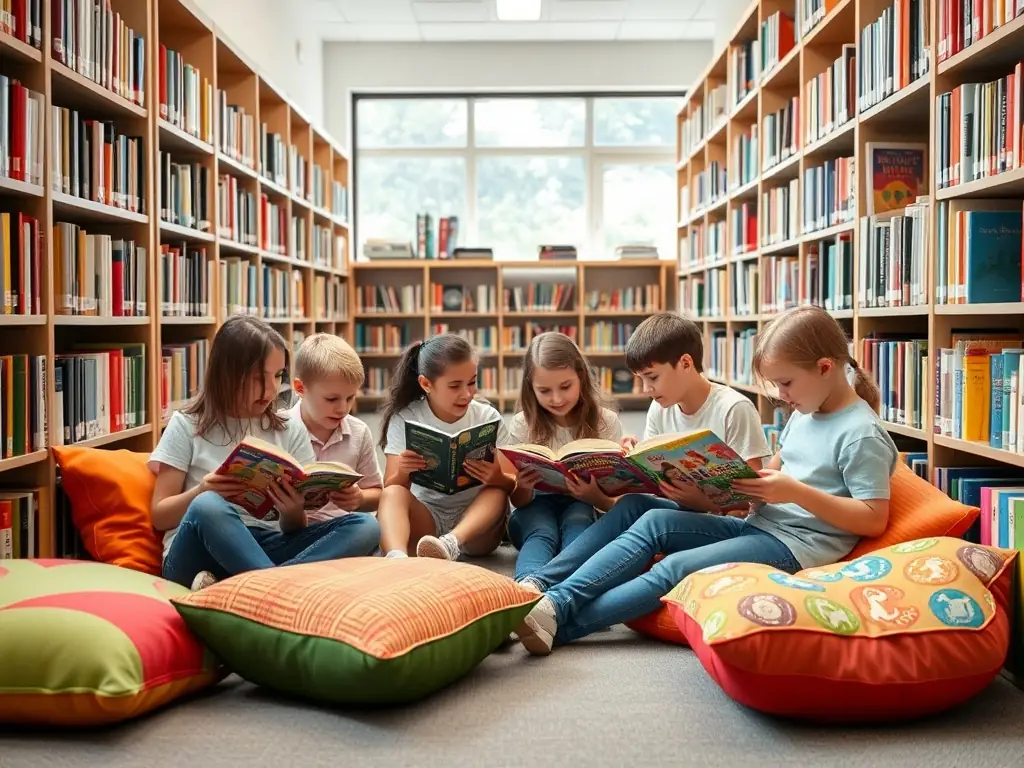 A group of children participating in a story time session at the library, with a librarian reading aloud from a colorful picture book.