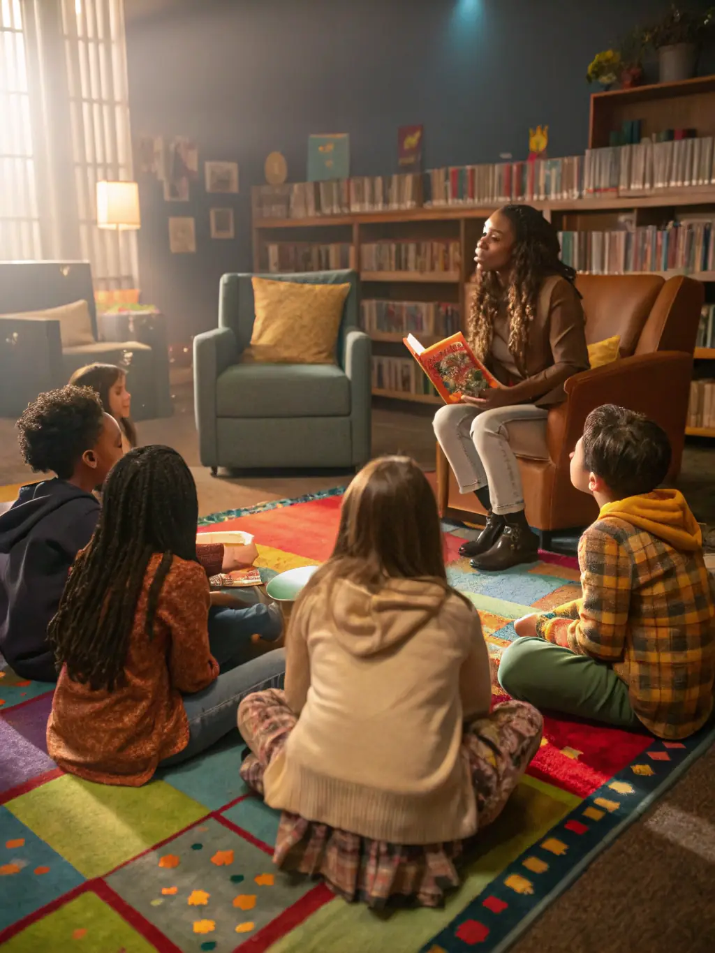A vibrant image of children participating in a storytelling session in the children's section of the library.